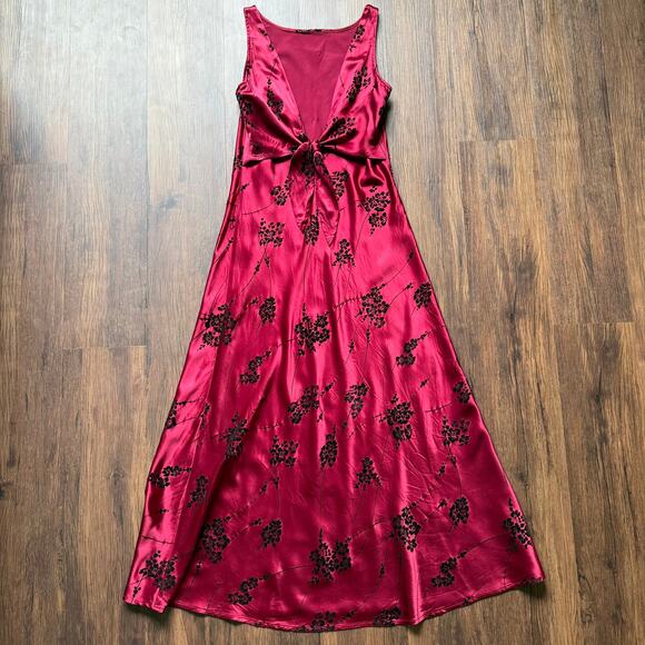 Decked Out Red Satin Maxi Dress Velvet Flocked Floral 90s Inspired - Picture 2 of 7